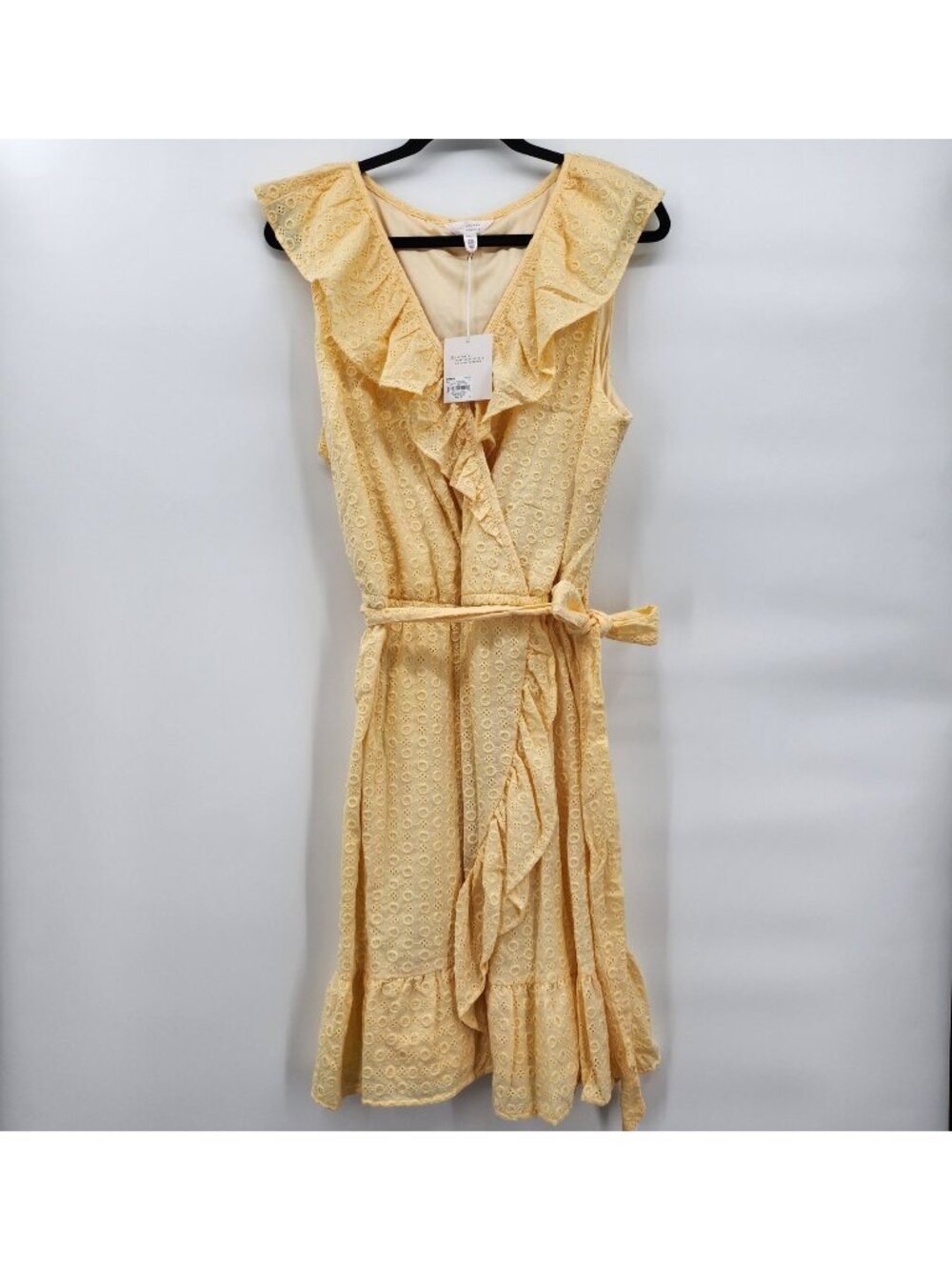 Lauren Conrad Ruffle Faux Wrap Dress 2X Yellow Eyelet Plus Sleeveless Tie Dainty